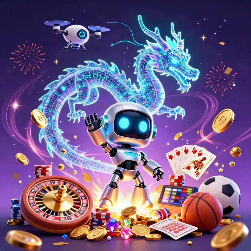 Cyberpunk robot, holographic dragon, and coin drone amid casino treasure in neon light.