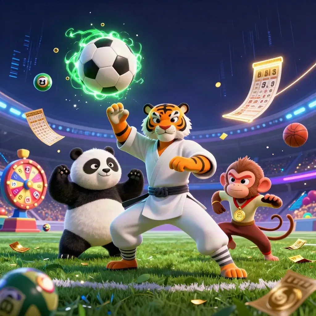 Mascot tiger, panda, and monkey amid neon sports balls, prize tokens, and a glowing soccer strike
