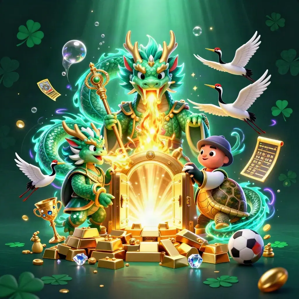 Fantasy casino sports art with dragon, turtle sage, cranes, gold vault and glowing ball burst.