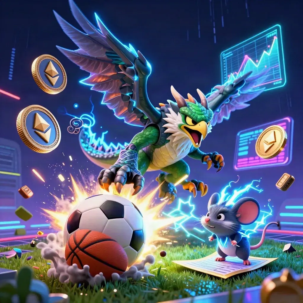 Dragon, hawk and static mouse amid glowing coins, balls and neon energy on a dark grid.