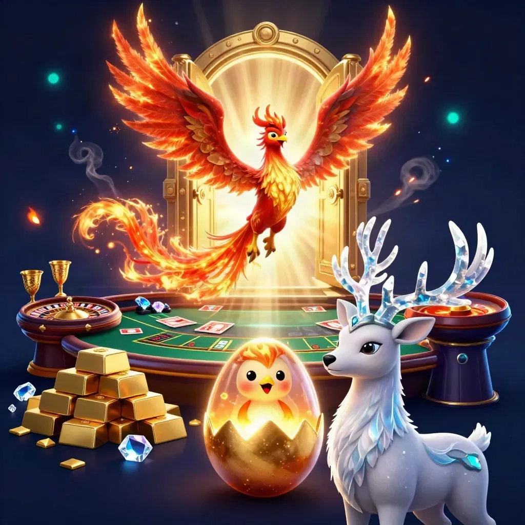 Phoenix, baby phoenix, and crystal stag in a treasure-vault casino scene.
