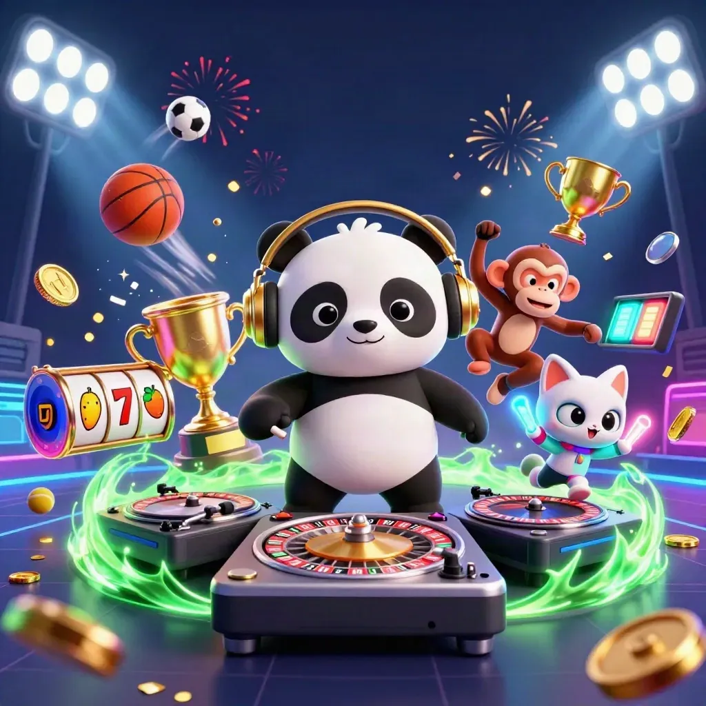 Panda DJ, breakdancing monkey and neon kitten amid balls, coins and casino lights