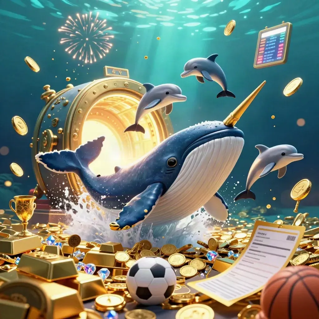 Whale captain, narwhal and dolphins burst from coins with vault, sports props, and fireworks