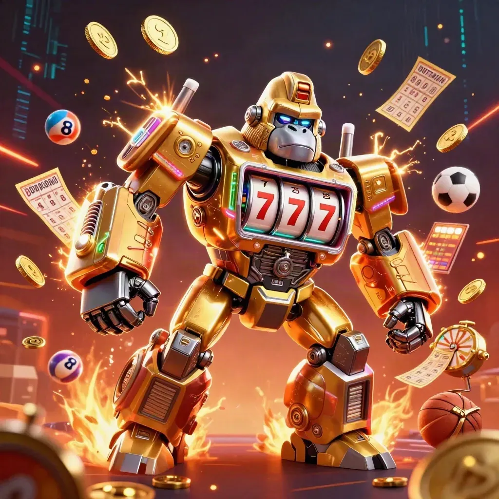 Golden gorilla mech with monkey pilot, coins, lottery balls, prize wheel, and sports bets exploding in celebration