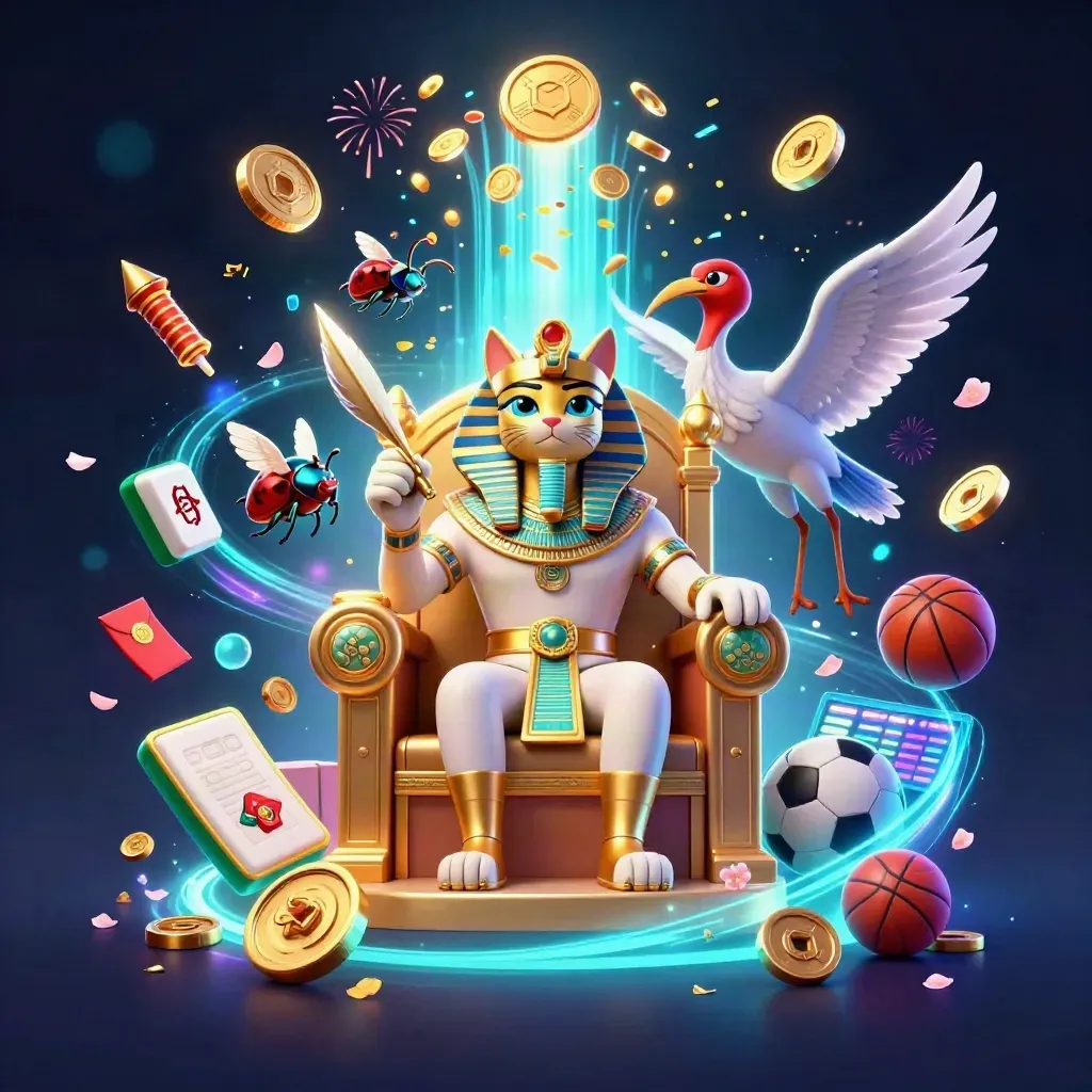 Pharaoh cat, ibis scribe and scarabs amid coins, fireworks, and sportsbook symbols.