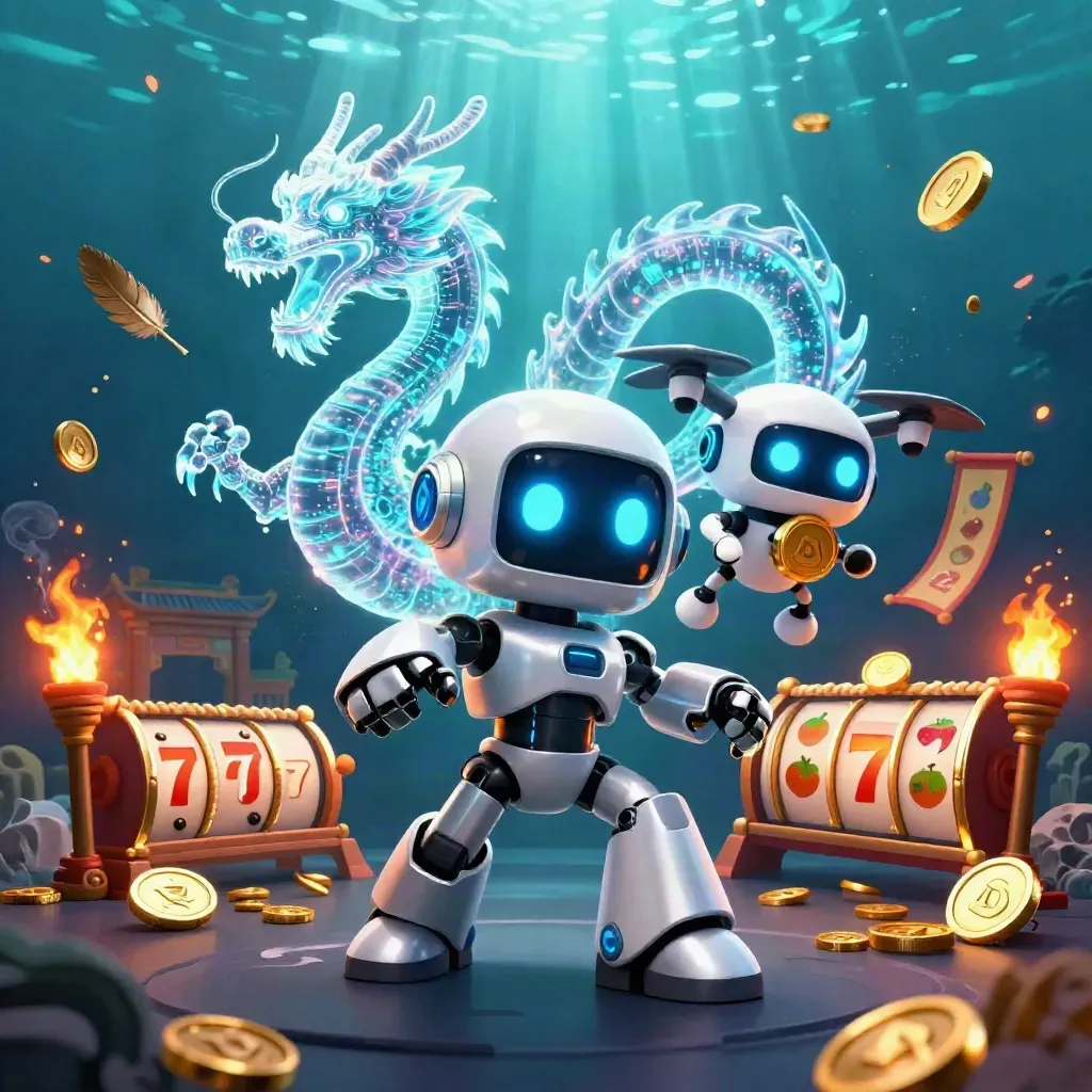 Cyberpunk robot, holographic dragon and coin drone amid casino reels, temple gate and green glow