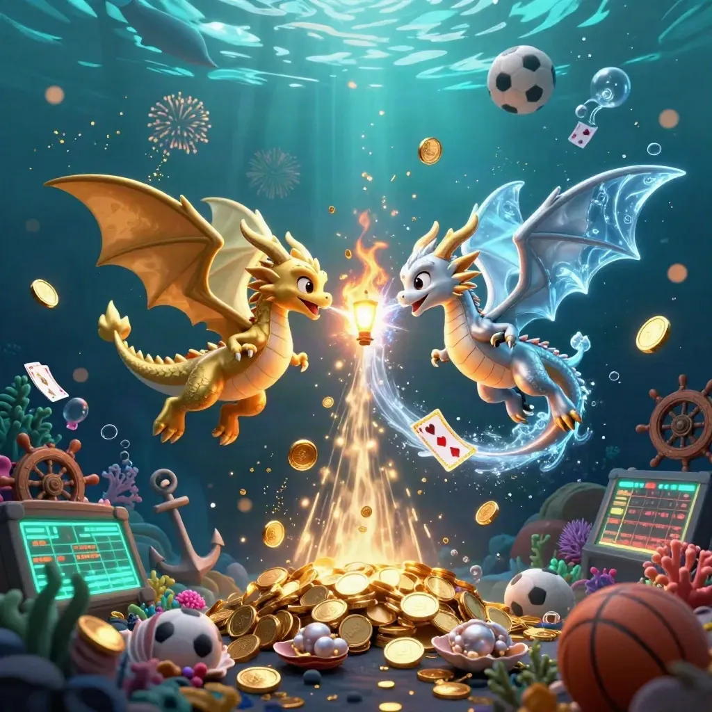 Gold and silver dragons burst through an underwater treasure cove with coins, coral and casino icons.