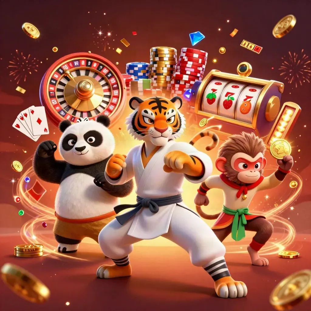 Tiger, panda and monkey casino heroes amid coins, cards, chips and spinning reels