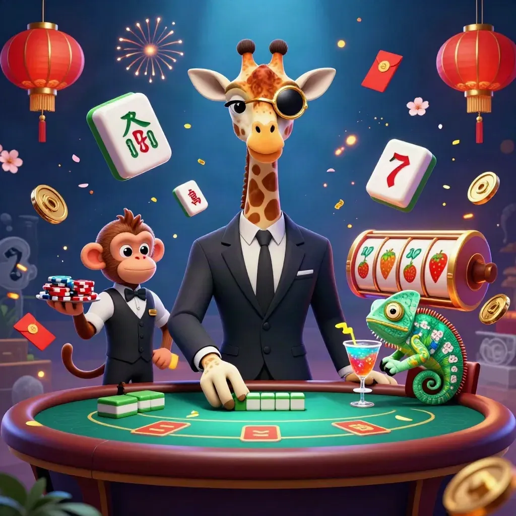 Giraffe gambler, monkey valet and chameleon bartender amid casino props in a dark neon splash scene